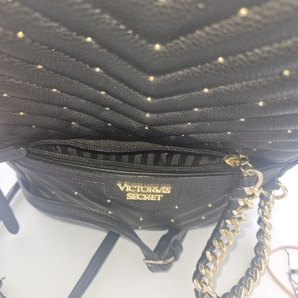 Victoria's Secret V Quilt Mini Backpack Black Gold Chain Studded Bag - Picture 11 of 12